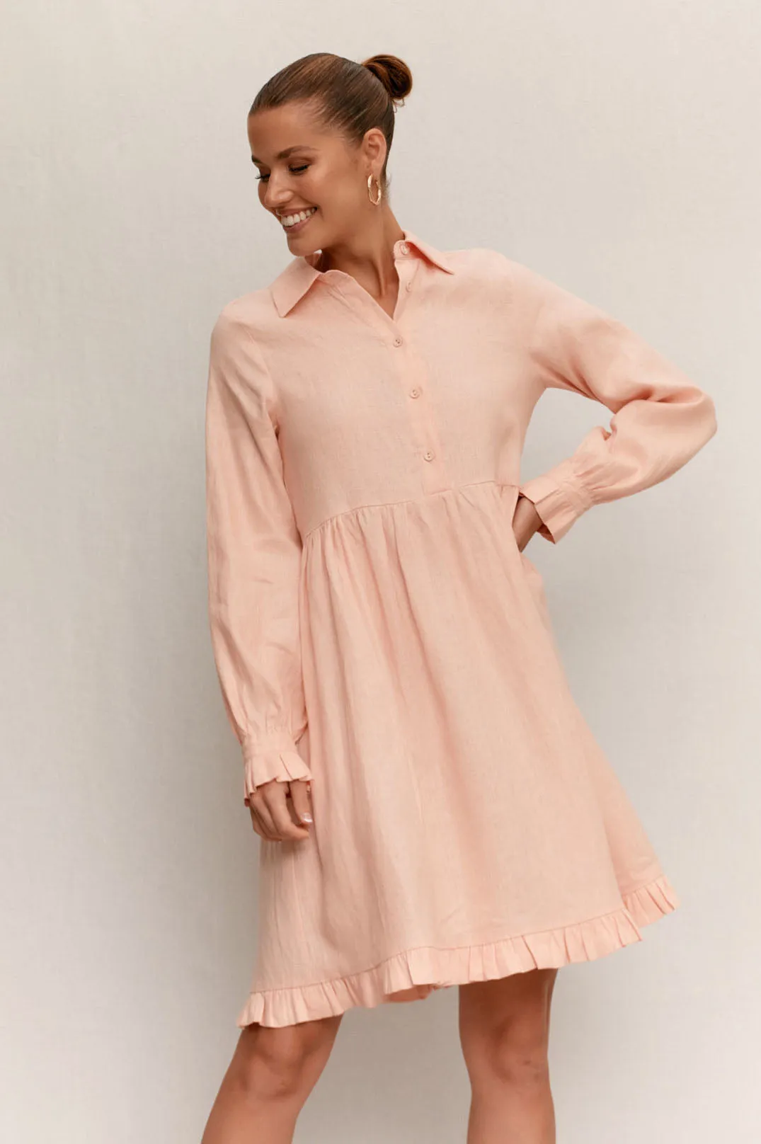 Adorne - Amina Ruffle Button up Front Linen Dress