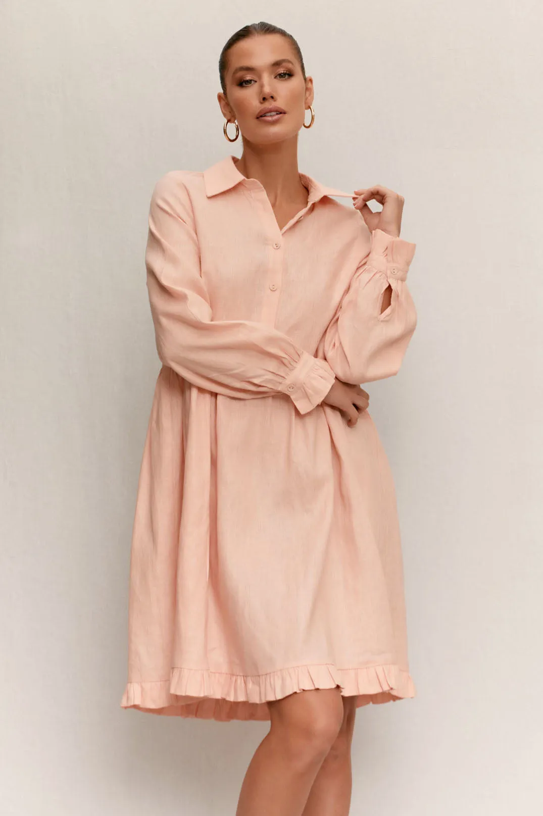 Adorne - Amina Ruffle Button up Front Linen Dress