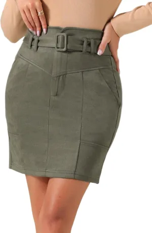 Allegra K Faux Suede Skirt for Women's High Waist Casual Belted Pencil Skirts