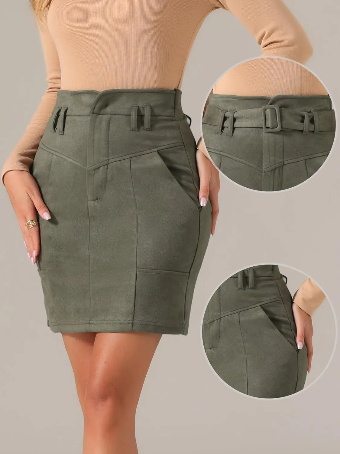 Allegra K Faux Suede Skirt for Women's High Waist Casual Belted Pencil Skirts