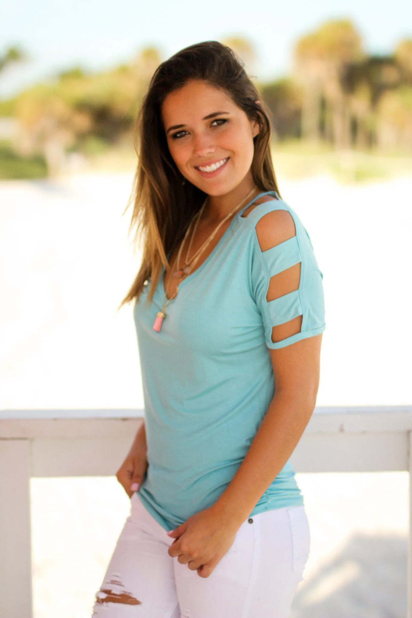 Aqua Top with Strap Detail Sleeves