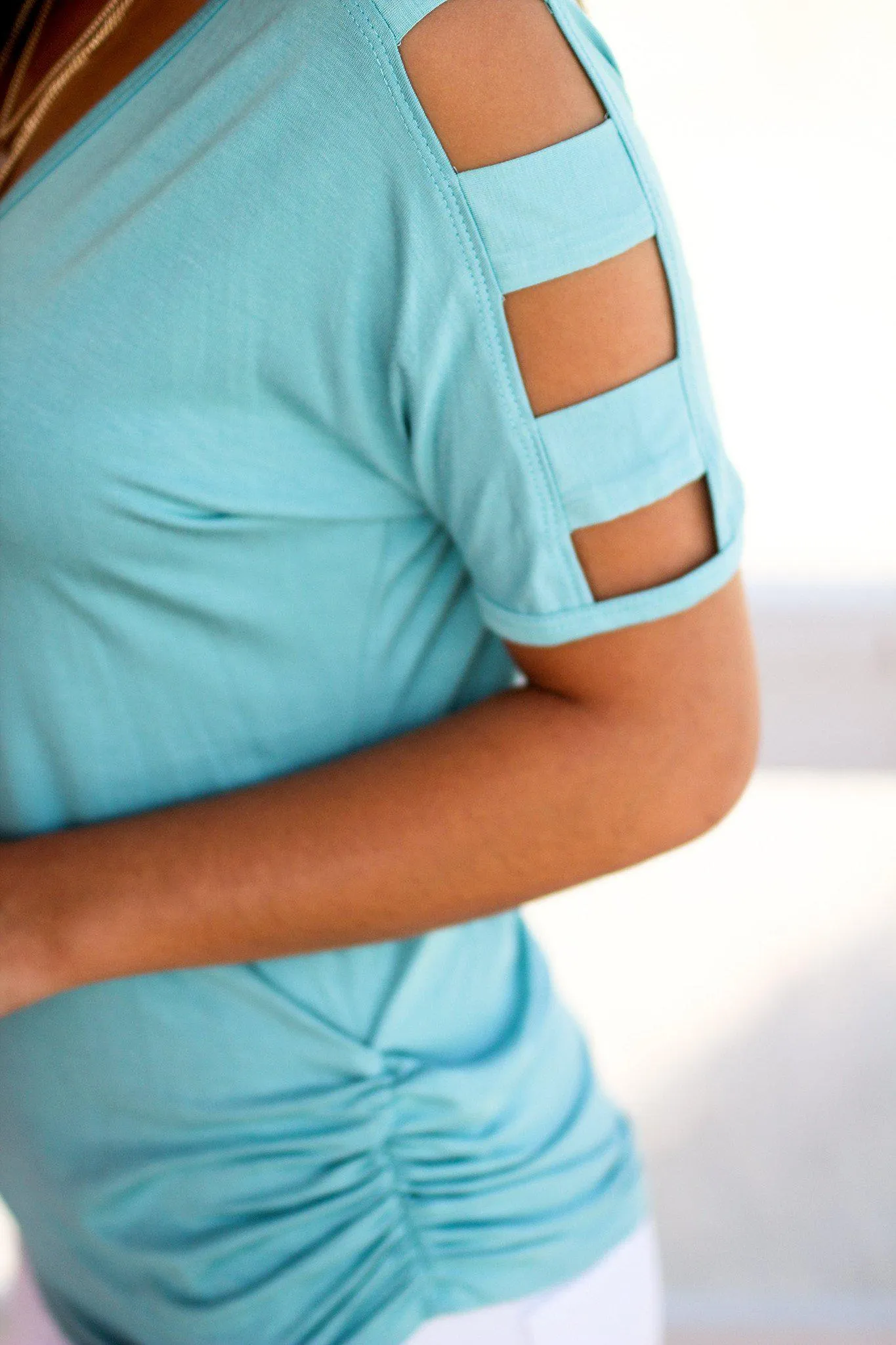 Aqua Top with Strap Detail Sleeves
