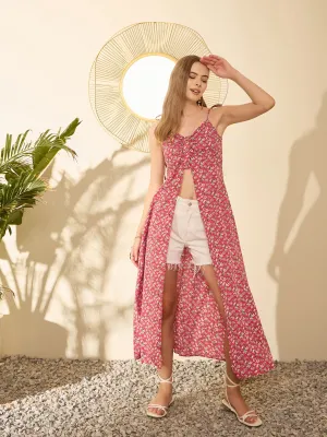 Berrylush Women Red & White Floral Printed Sweetheart Neck Sleeveless Tie-Up Straps Front-Slit Pleated A-Line Longline Top
