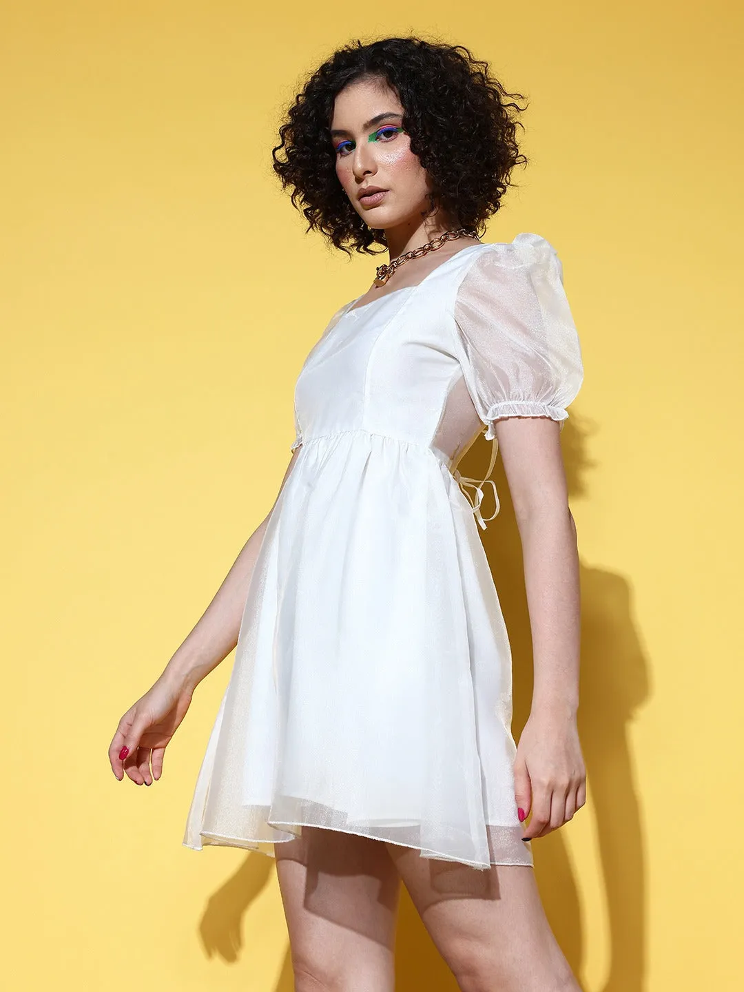 Berrylush Women Solid White Square Neck Tie-Up Back Puff Sleeve Crepe Flared A-Line Mini Dress