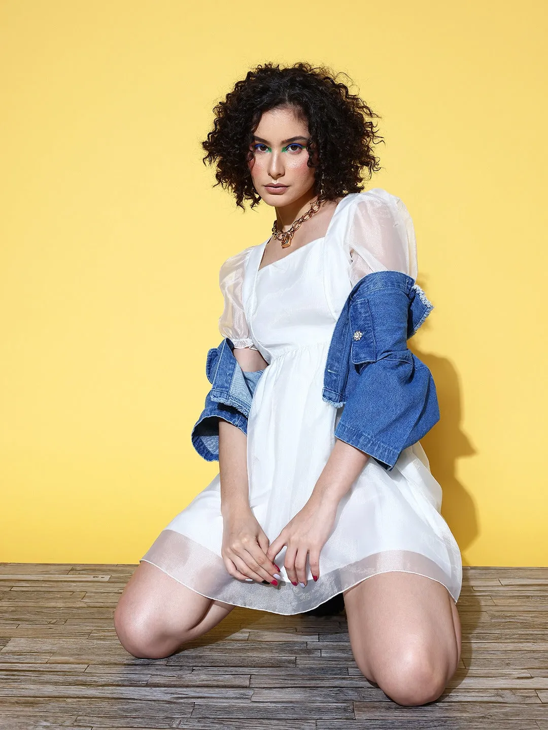 Berrylush Women Solid White Square Neck Tie-Up Back Puff Sleeve Crepe Flared A-Line Mini Dress