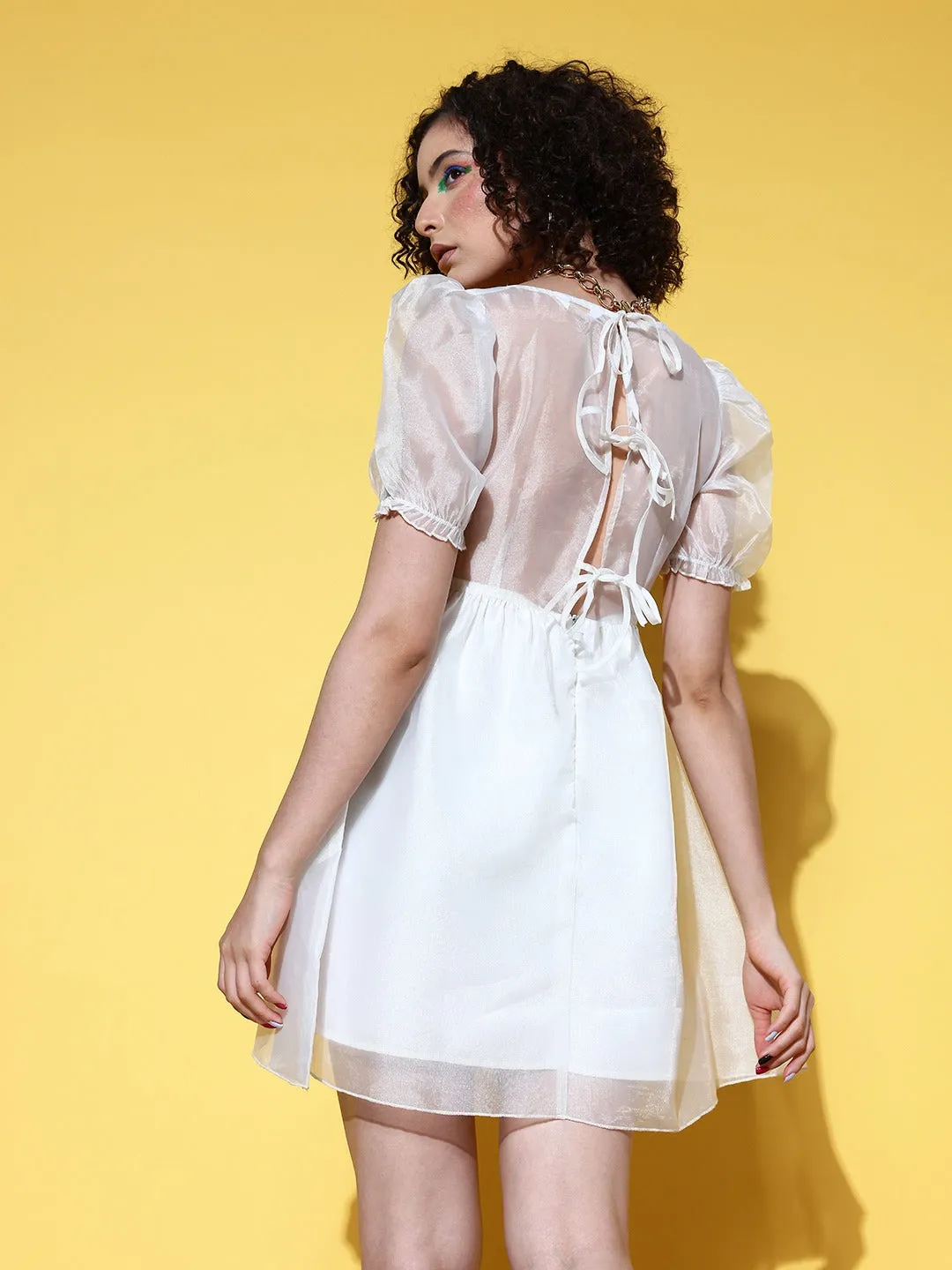 Berrylush Women Solid White Square Neck Tie-Up Back Puff Sleeve Crepe Flared A-Line Mini Dress