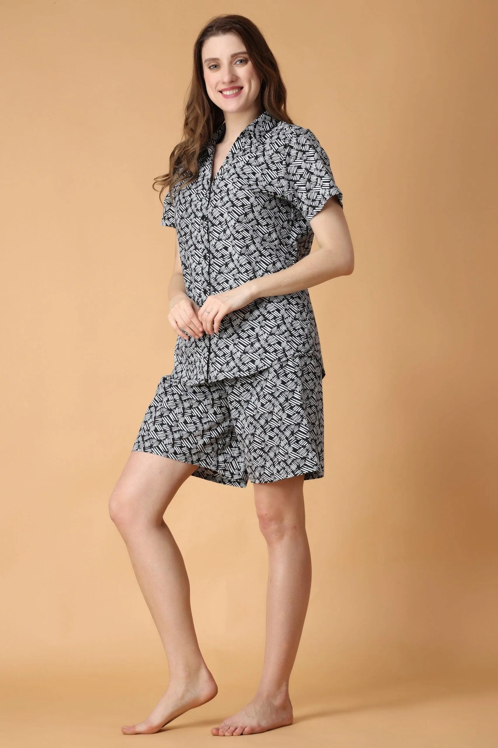 Black Dash Printed Night Suit Set