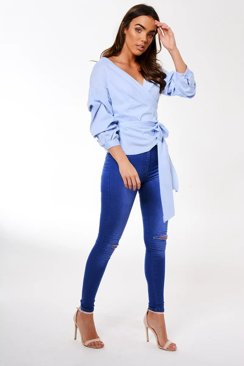 Blue Ruffle Sleeve Wrapover Top - Susie
