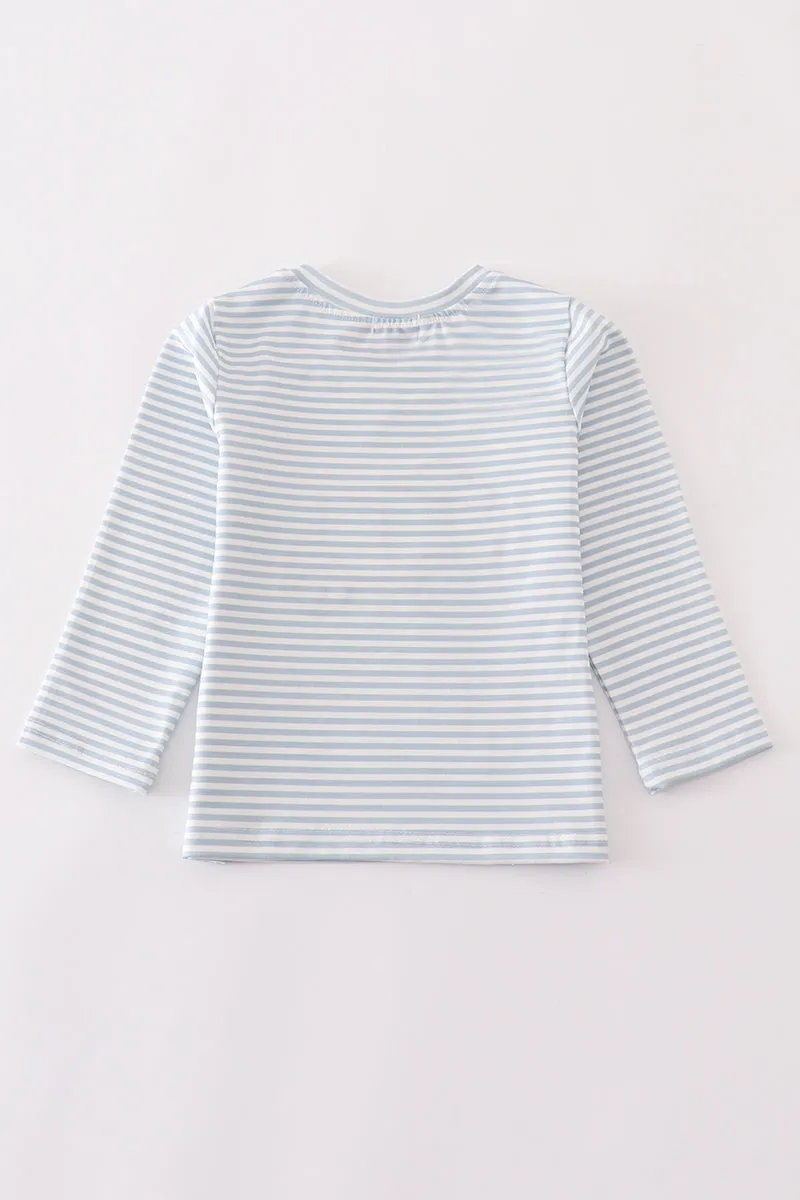 Blue stripe muck car applique boy top