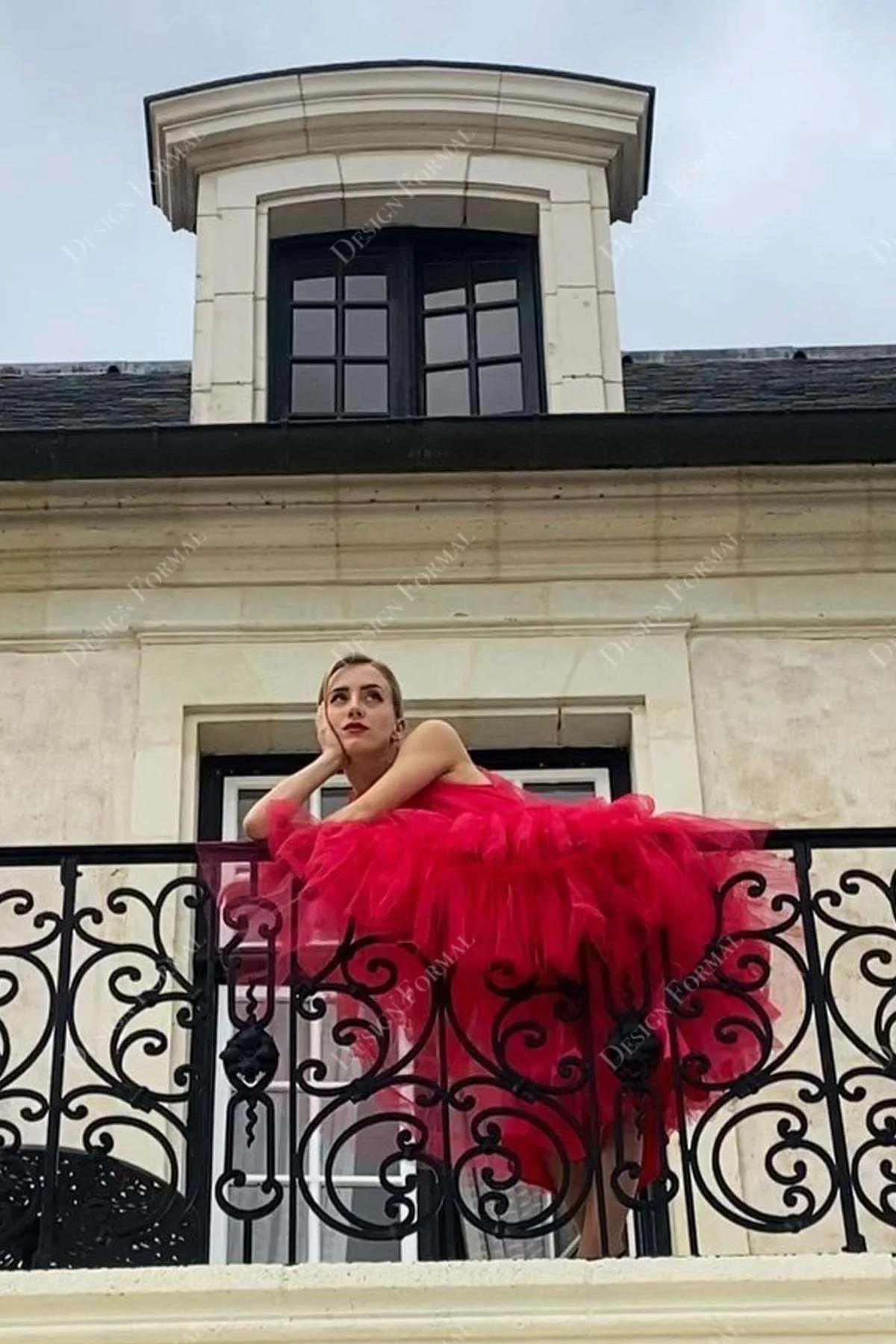 Bold Red Halter Neck Tiered Tulle Tea Length Custom-made Prom Dress