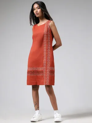 Bombay Paisley Rust Geometric Embroidered Blended Linen Dress