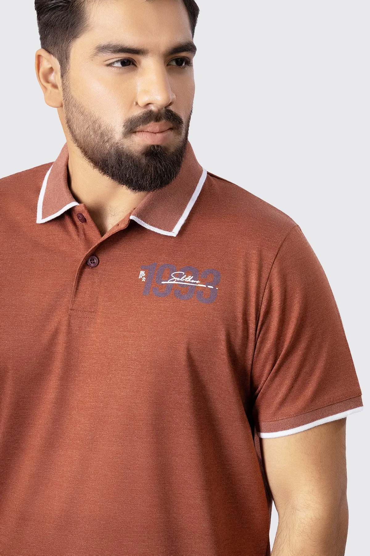 Brown Melange & Blue Tipped Collar Polo Shirt (Plus Size) - A23 - MP0182P