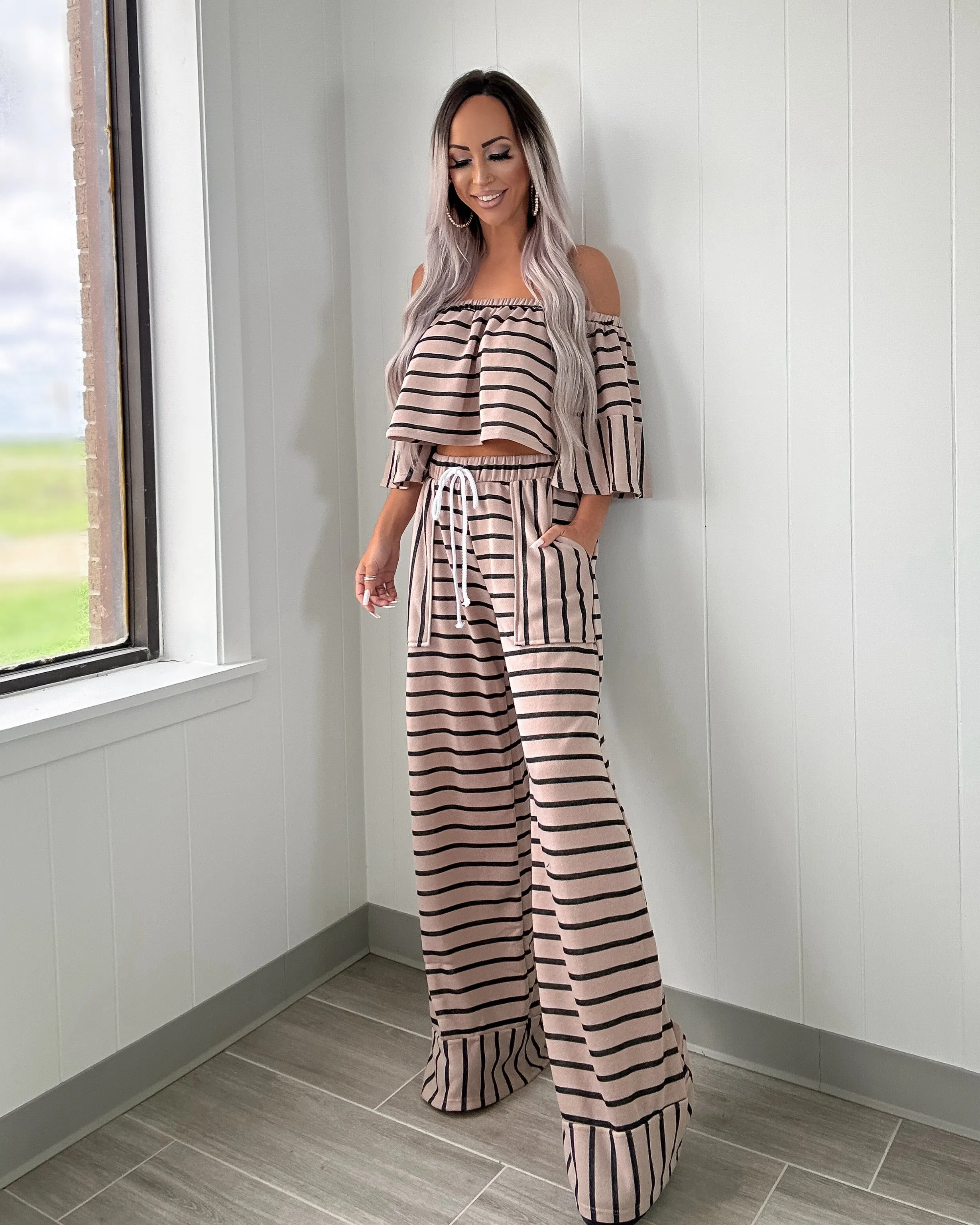 Brunch Vibes Stripe Crop Set - Taupe/Black