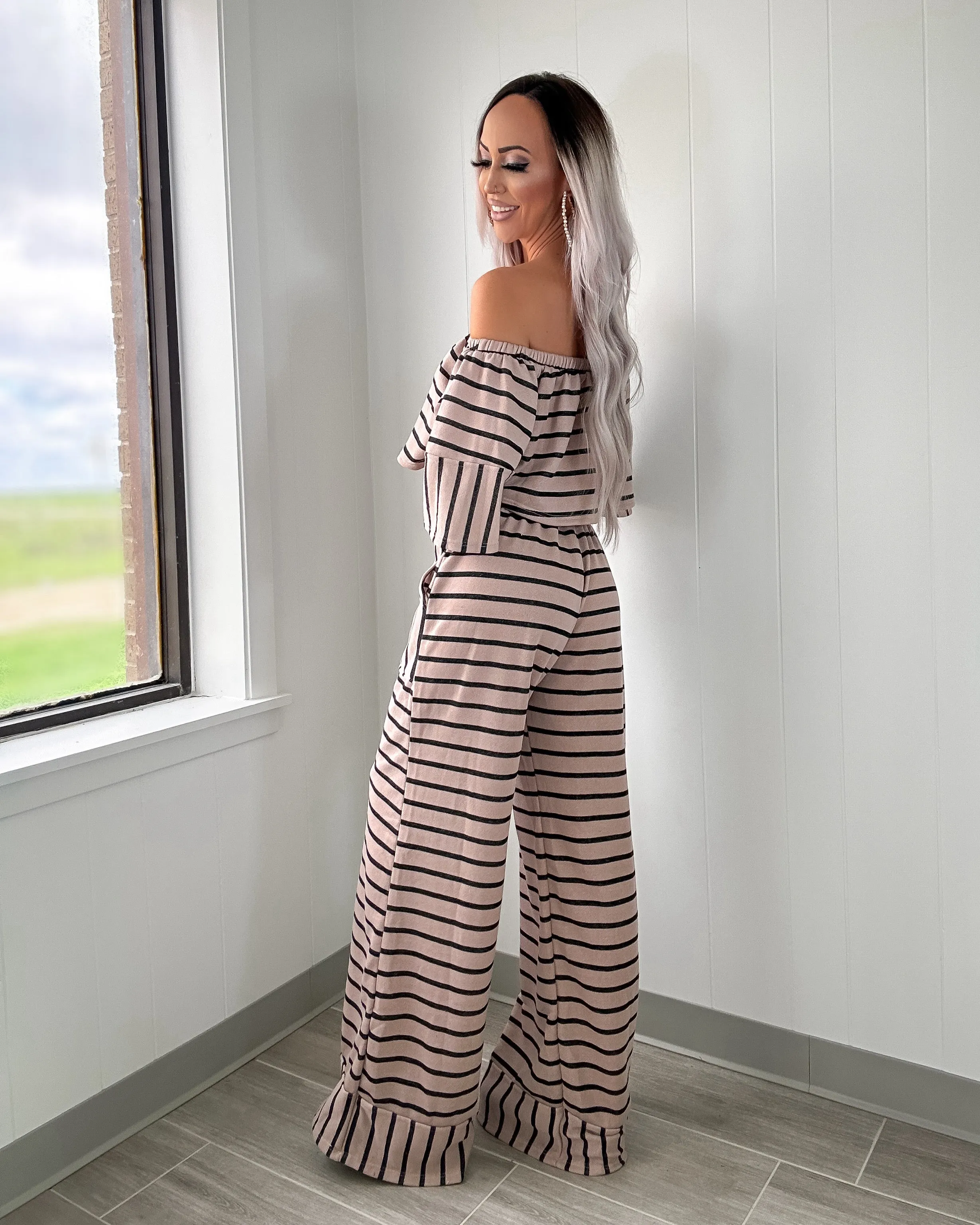 Brunch Vibes Stripe Crop Set - Taupe/Black