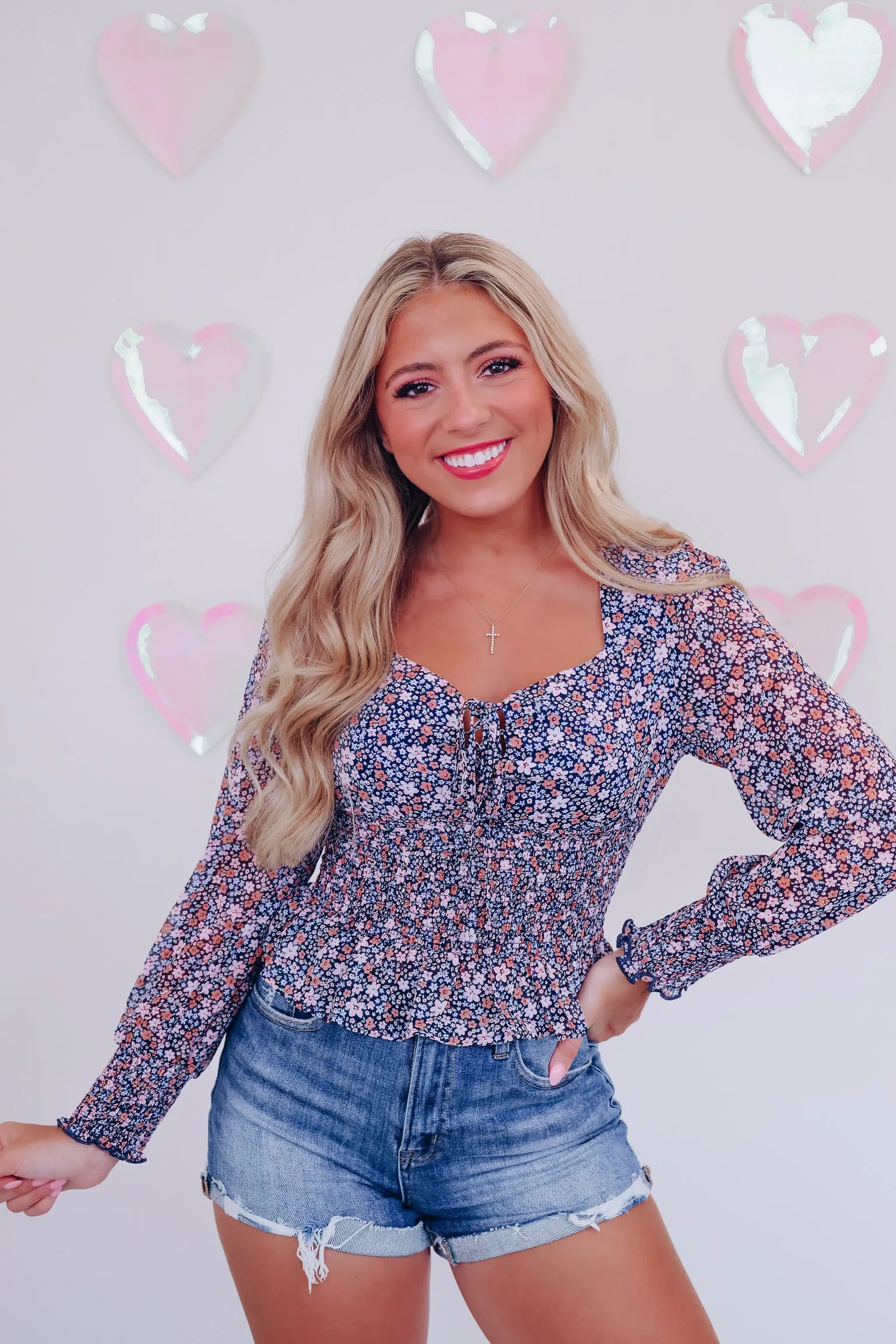 Casual Sophistication Floral Smocked Top - Navy