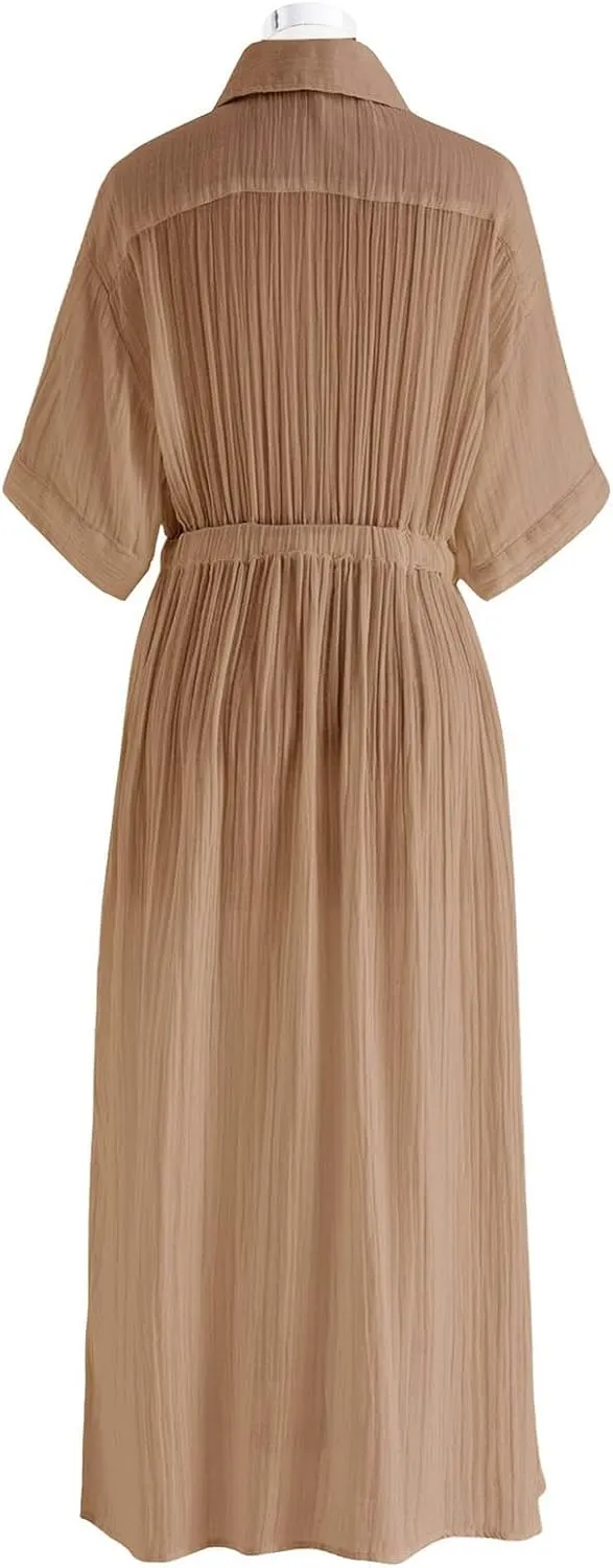 CHICWISH Womens Short-Sleeve Midi Button Front Shirt Dresses V Neck Casual High Waist Slits Cotton Midi Dress with Belt