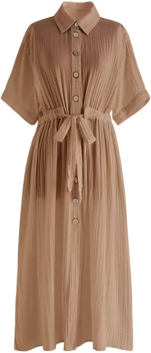 CHICWISH Womens Short-Sleeve Midi Button Front Shirt Dresses V Neck Casual High Waist Slits Cotton Midi Dress with Belt