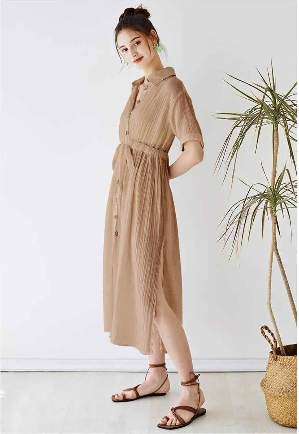 CHICWISH Womens Short-Sleeve Midi Button Front Shirt Dresses V Neck Casual High Waist Slits Cotton Midi Dress with Belt