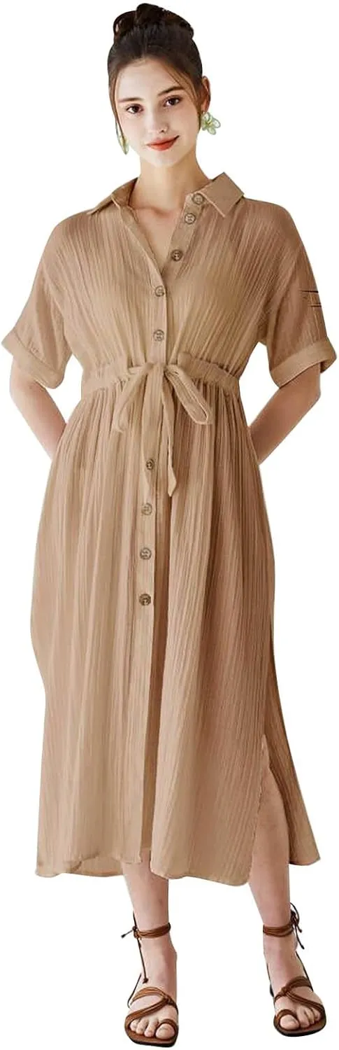 CHICWISH Womens Short-Sleeve Midi Button Front Shirt Dresses V Neck Casual High Waist Slits Cotton Midi Dress with Belt