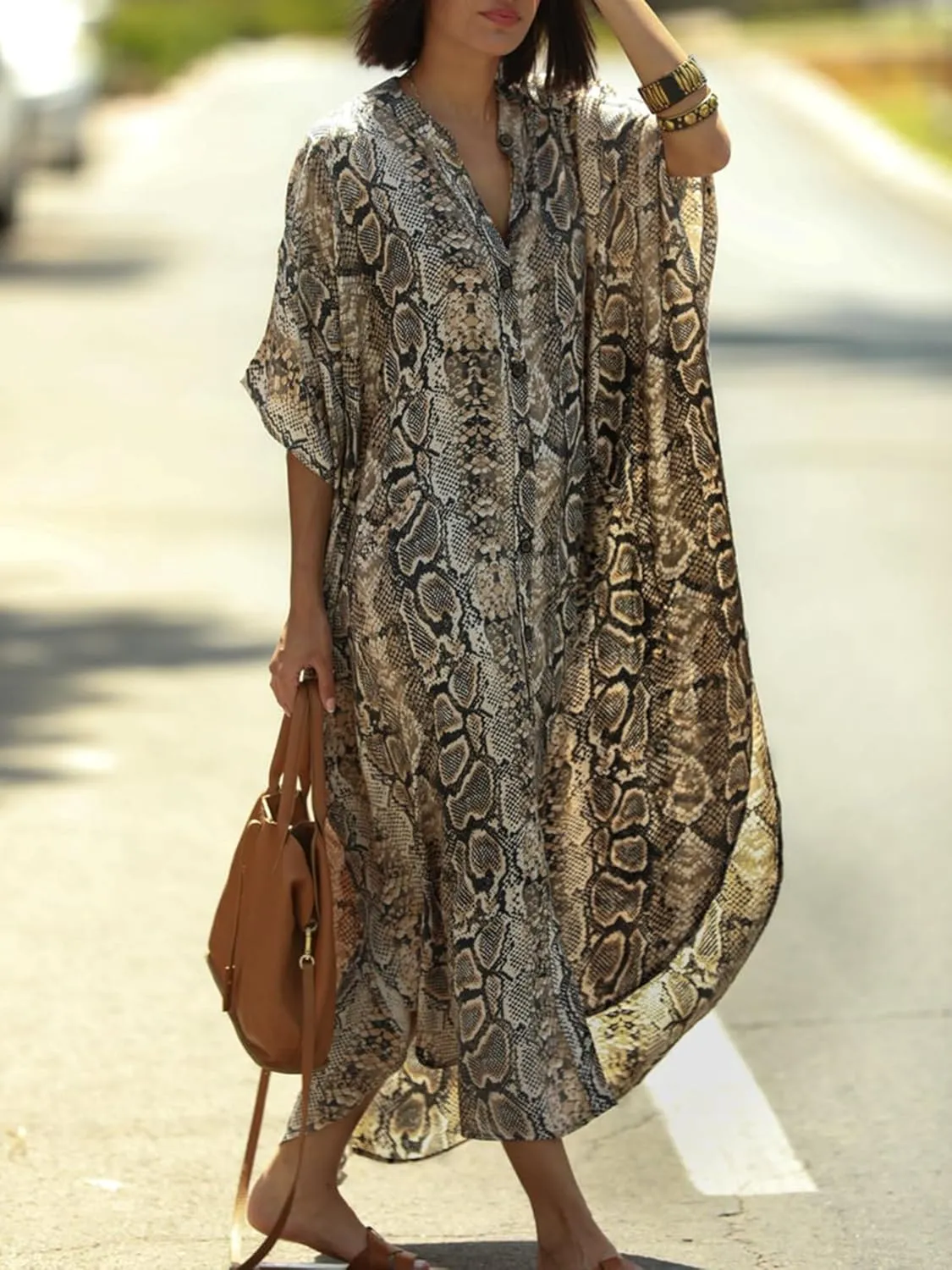 Chunoy Womens Button Down V Neck Kimono Sleeve Long Kaftan Beachwear Cover Up Maxi Dress
