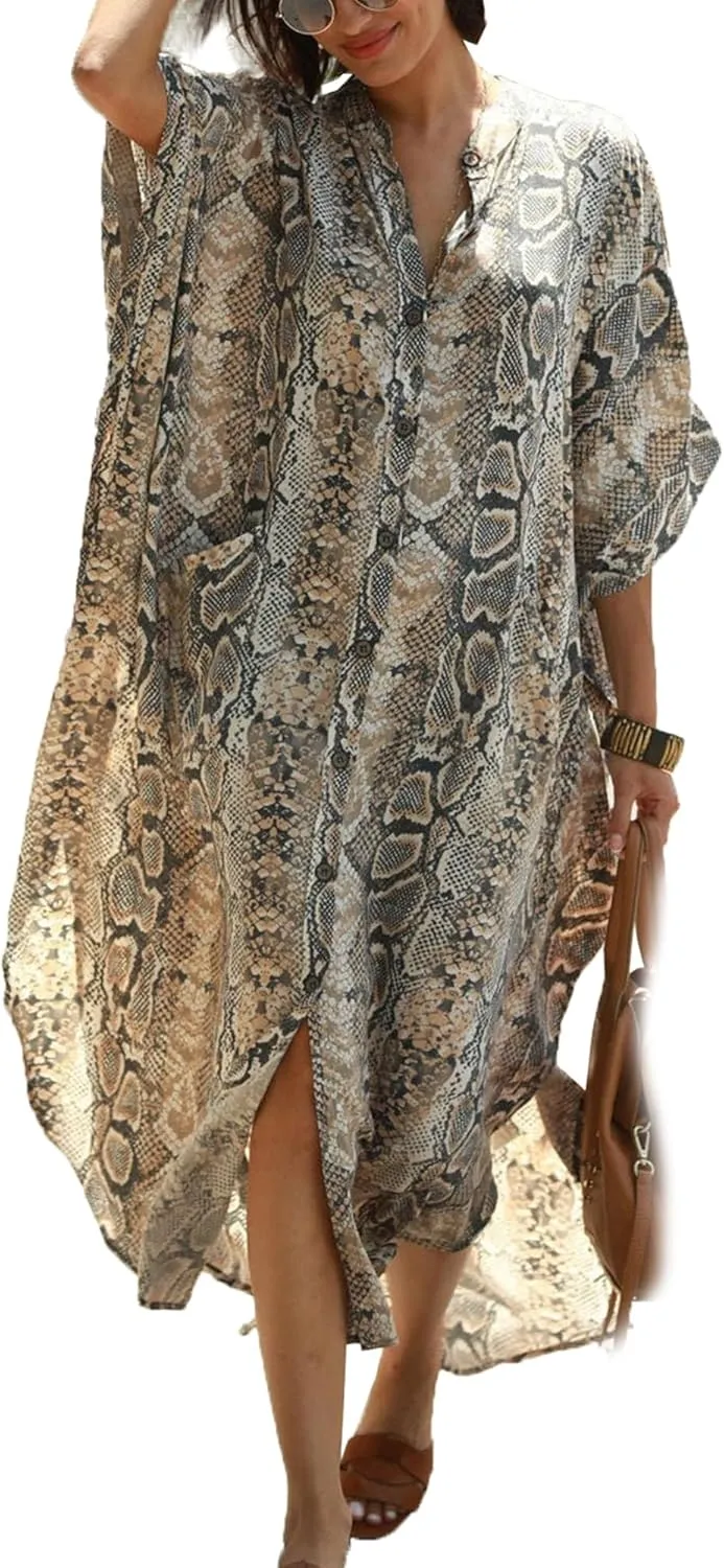 Chunoy Womens Button Down V Neck Kimono Sleeve Long Kaftan Beachwear Cover Up Maxi Dress