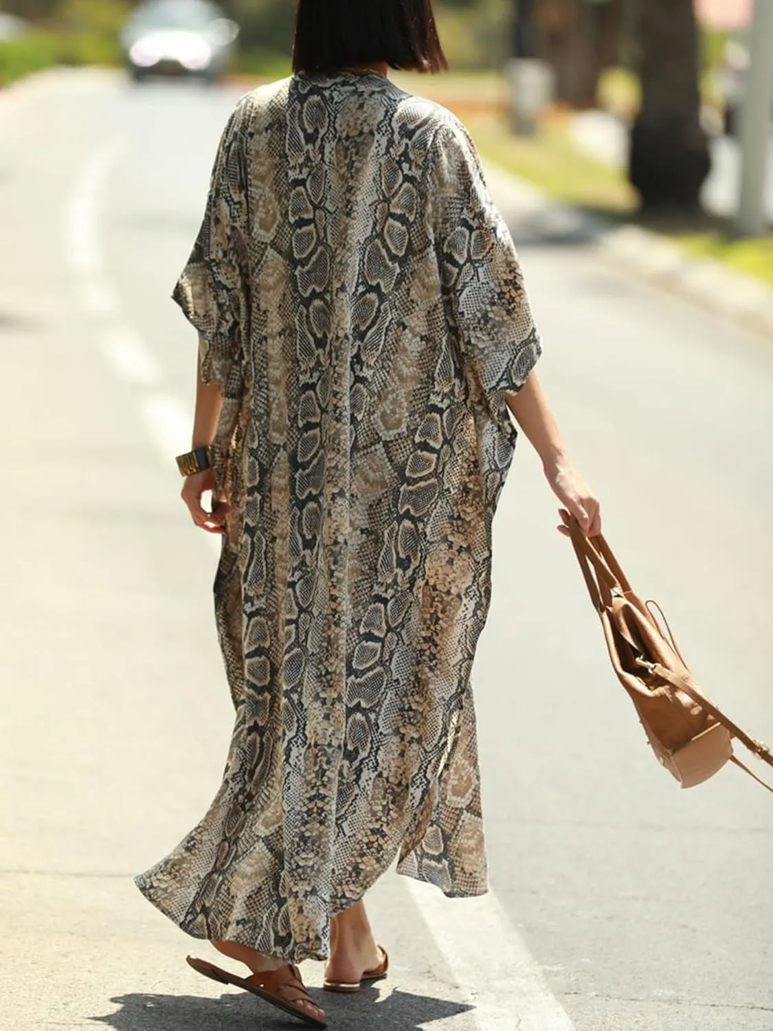 Chunoy Womens Button Down V Neck Kimono Sleeve Long Kaftan Beachwear Cover Up Maxi Dress