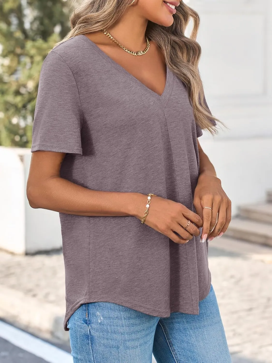 Cicy Bell Womens V Neck T Shirts Summer Short Sleeve Curved Hem Tops Casual Loose Fit Tunic Basic Tee Shirts