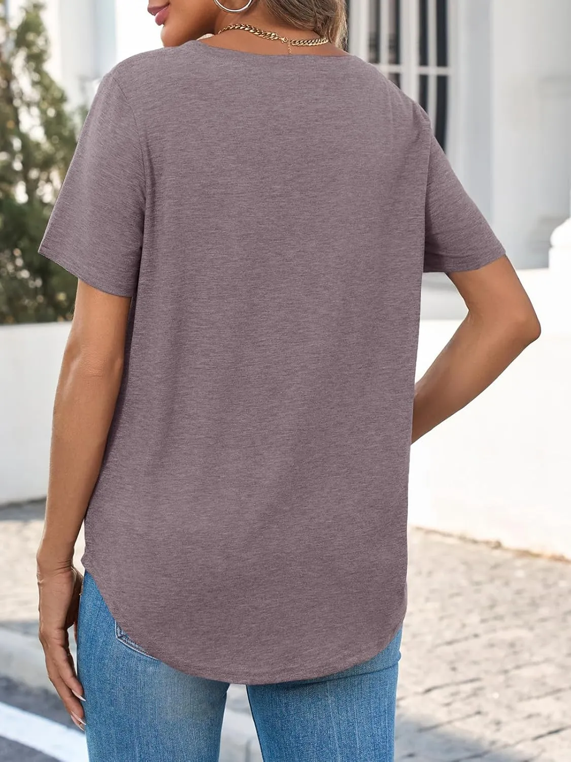 Cicy Bell Womens V Neck T Shirts Summer Short Sleeve Curved Hem Tops Casual Loose Fit Tunic Basic Tee Shirts