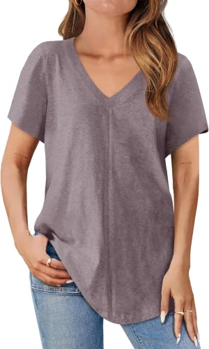 Cicy Bell Womens V Neck T Shirts Summer Short Sleeve Curved Hem Tops Casual Loose Fit Tunic Basic Tee Shirts