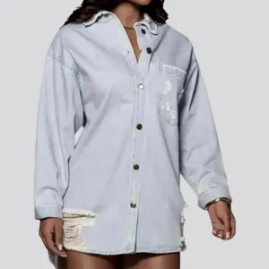 Distressed oversized jean shirt for ladies