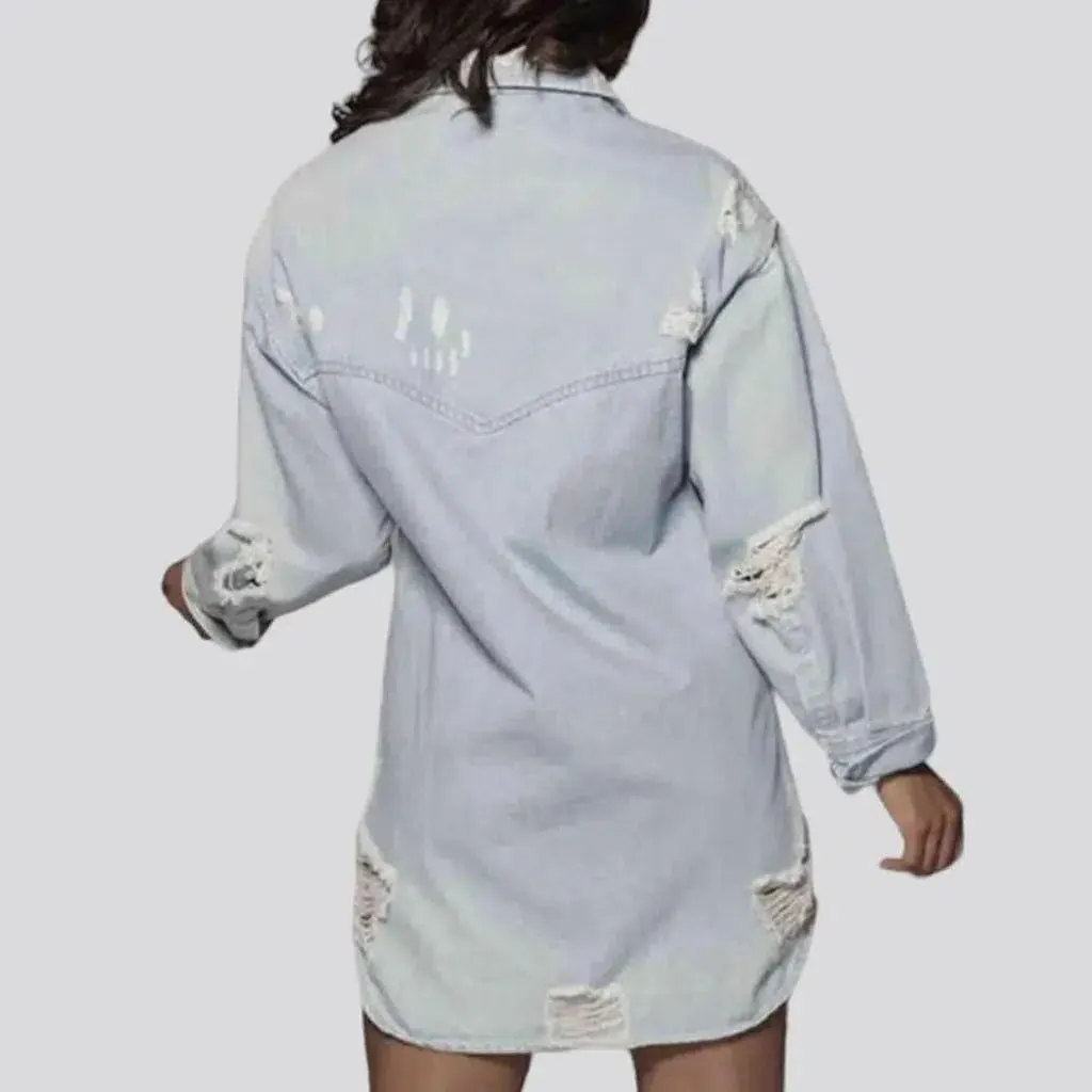 Distressed oversized jean shirt for ladies