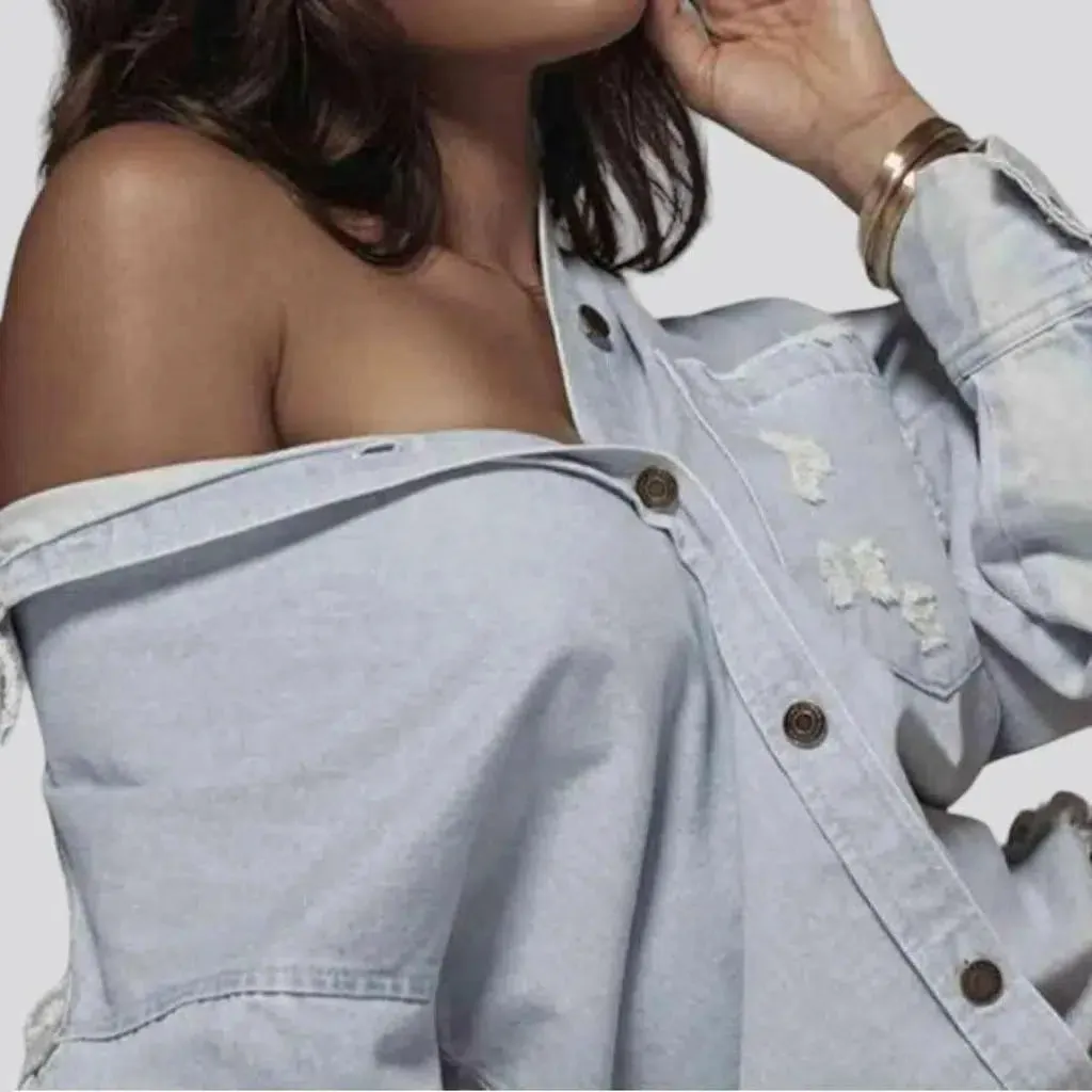 Distressed oversized jean shirt for ladies