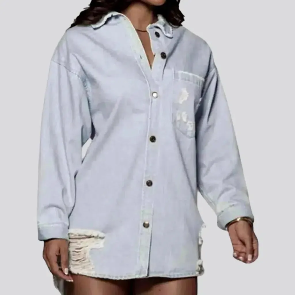 Distressed oversized jean shirt for ladies