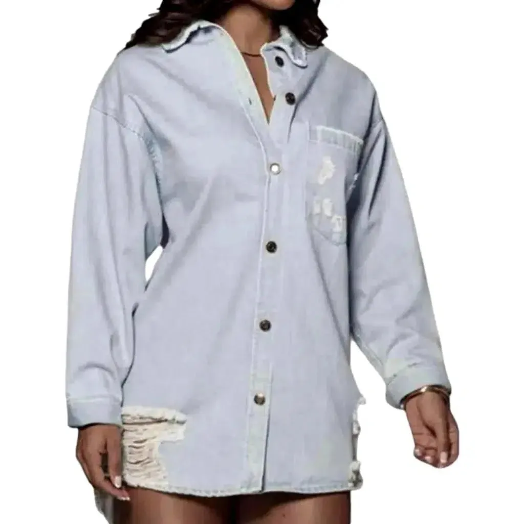 Distressed oversized jean shirt for ladies