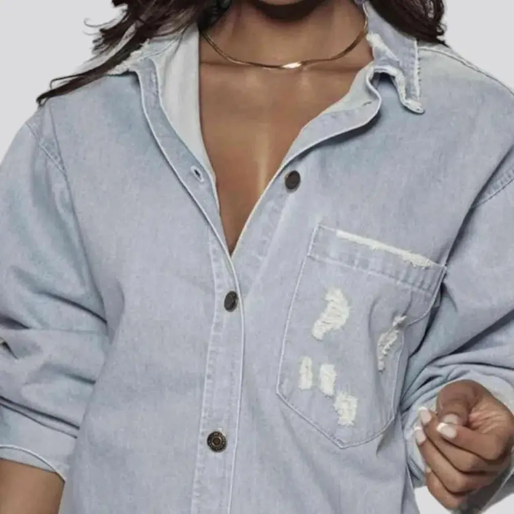 Distressed oversized jean shirt for ladies