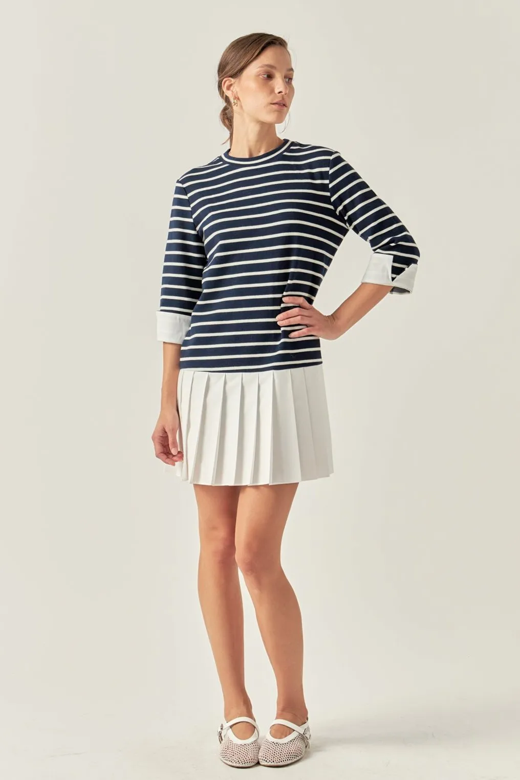 English Factory - Mix Media Stripe Pleated Mini Dress