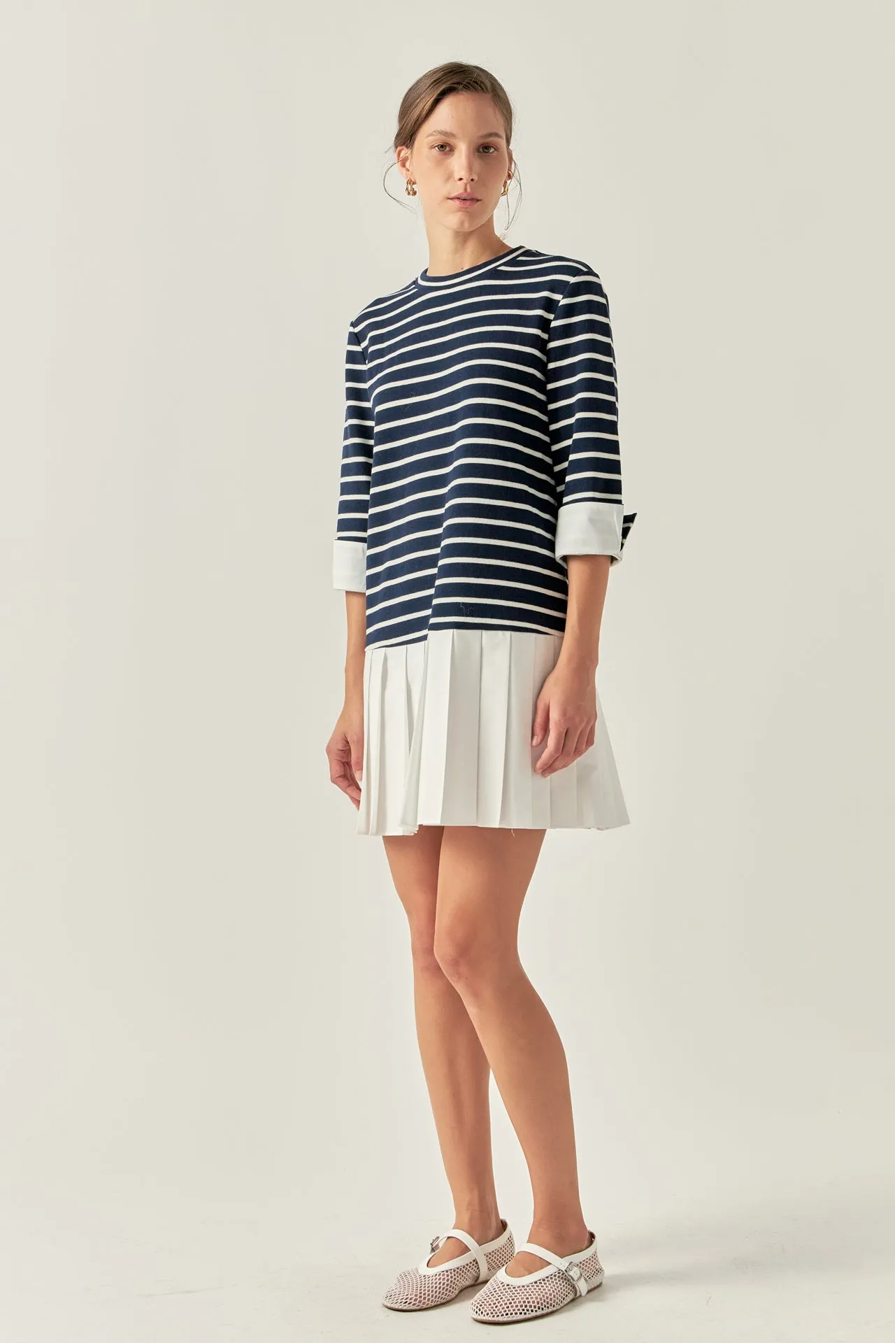 English Factory - Mix Media Stripe Pleated Mini Dress