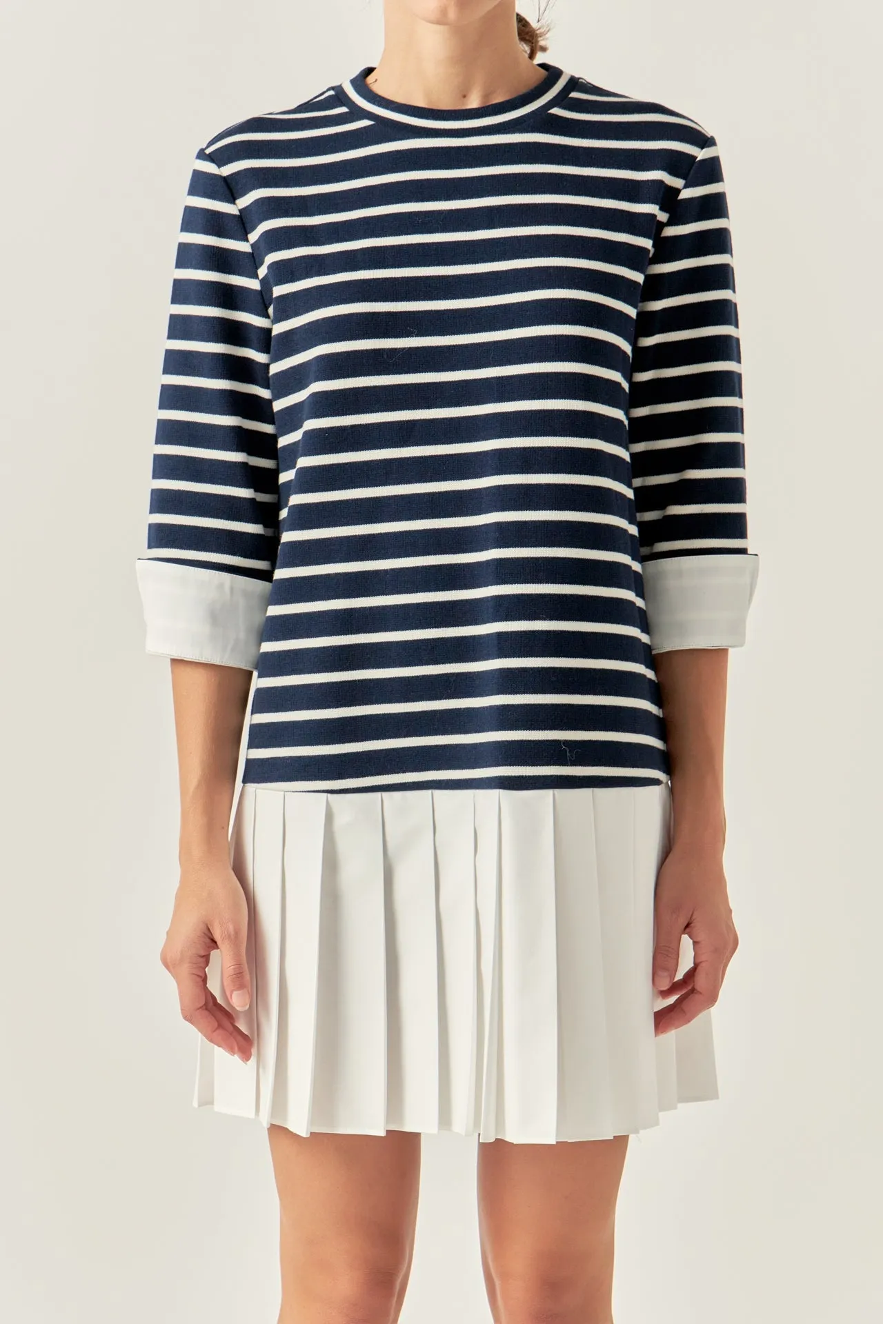 English Factory - Mix Media Stripe Pleated Mini Dress