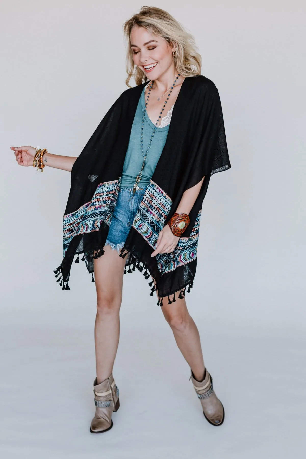 Fallon Embroidered Sleeve Kimono - Black