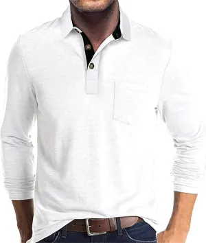 FANARCHER Men's Casual Polo Shirts Classic Long Sleeve Shirt Solid Color Button T-Shirts Cotton Tees Golf Stylish Tops