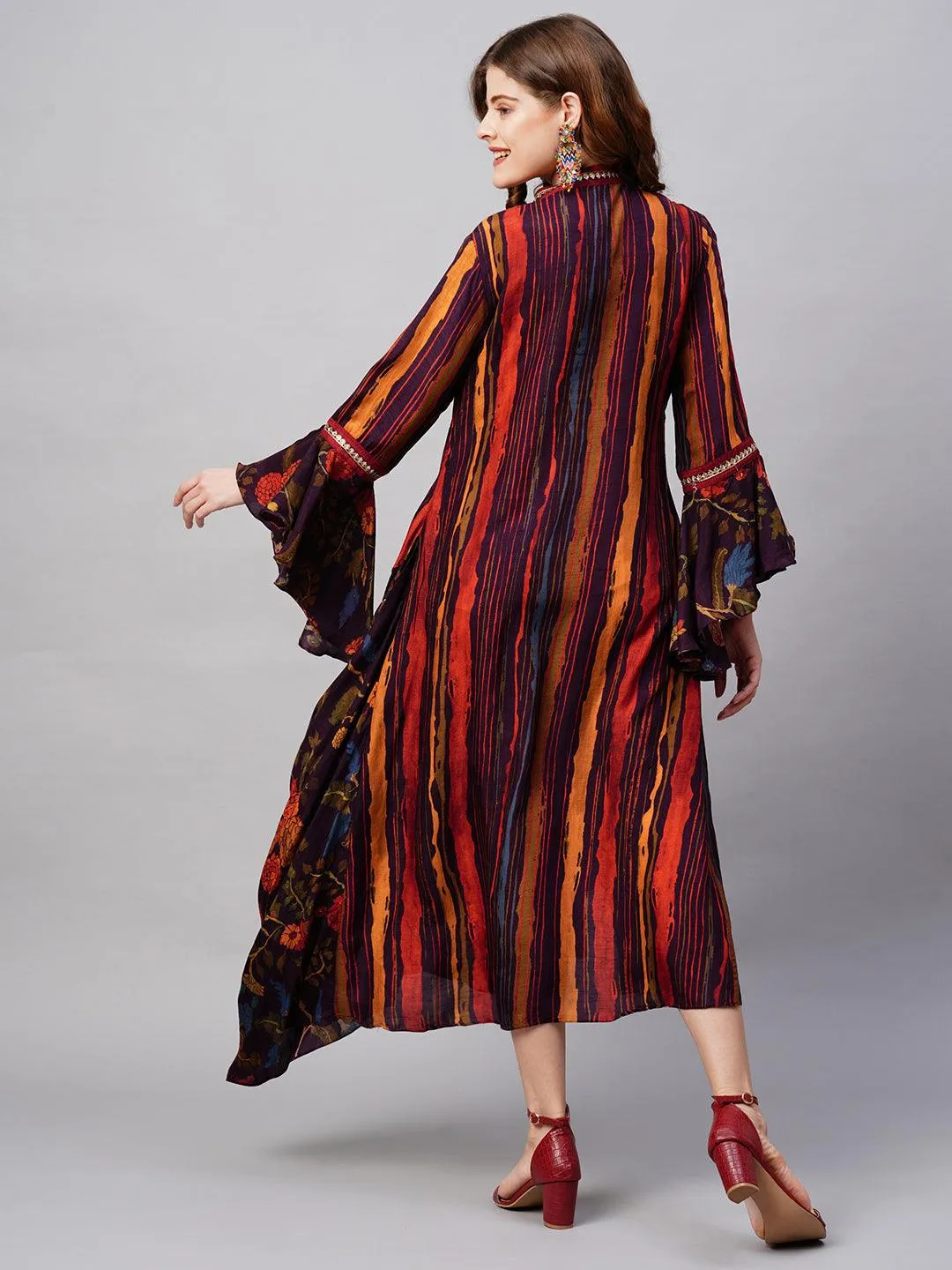 Floral & Stripes Printed Embroidered Midi Flared Cowl Dress - Multi