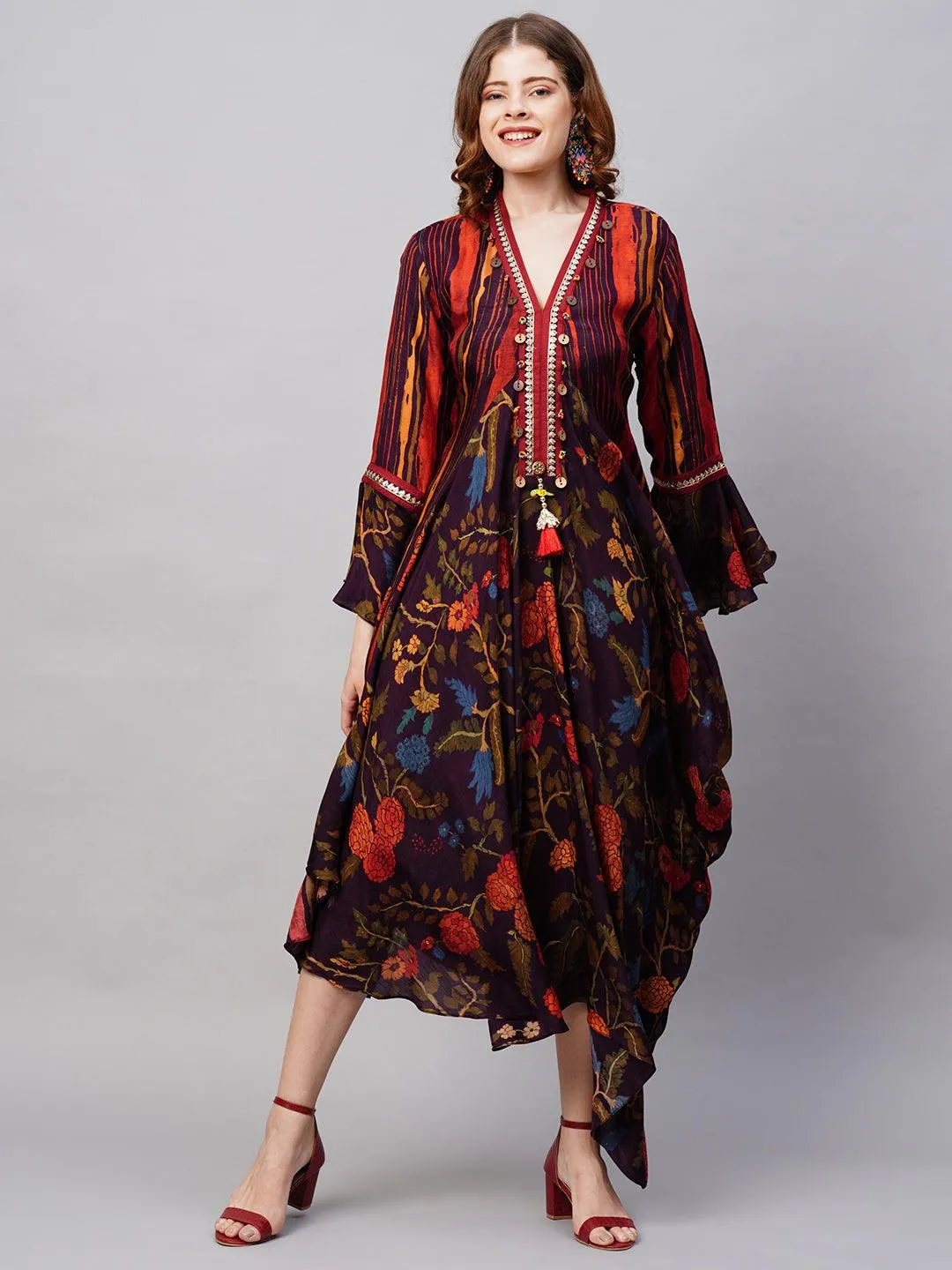Floral & Stripes Printed Embroidered Midi Flared Cowl Dress - Multi