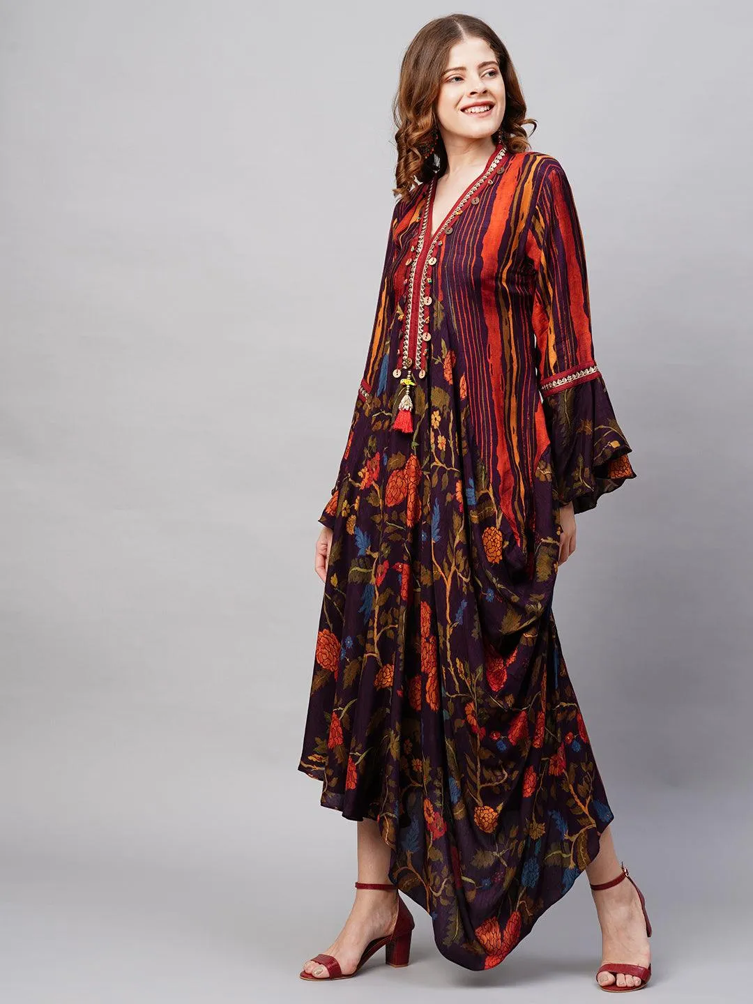 Floral & Stripes Printed Embroidered Midi Flared Cowl Dress - Multi