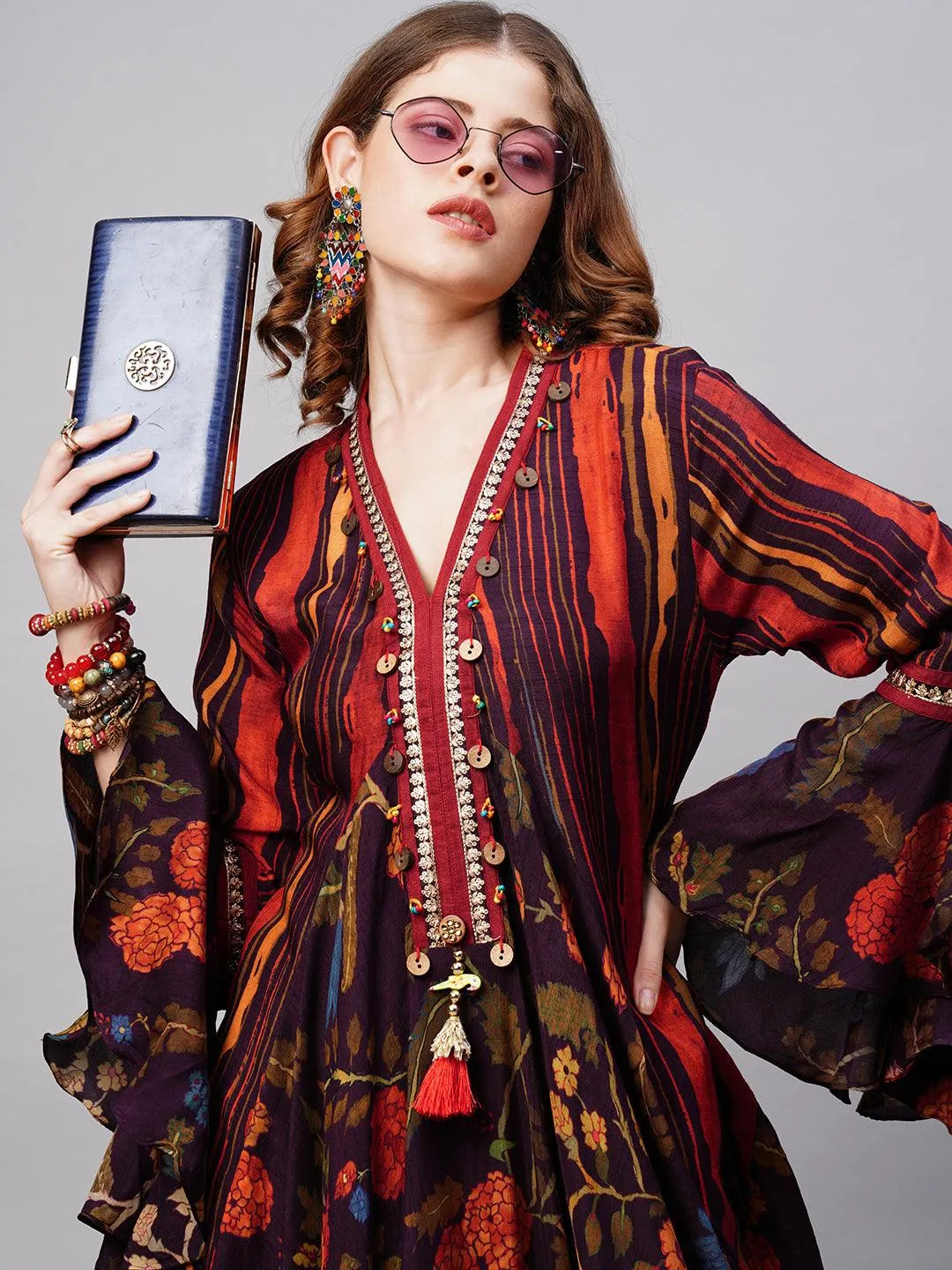 Floral & Stripes Printed Embroidered Midi Flared Cowl Dress - Multi