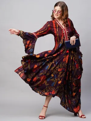 Floral & Stripes Printed Embroidered Midi Flared Cowl Dress - Multi