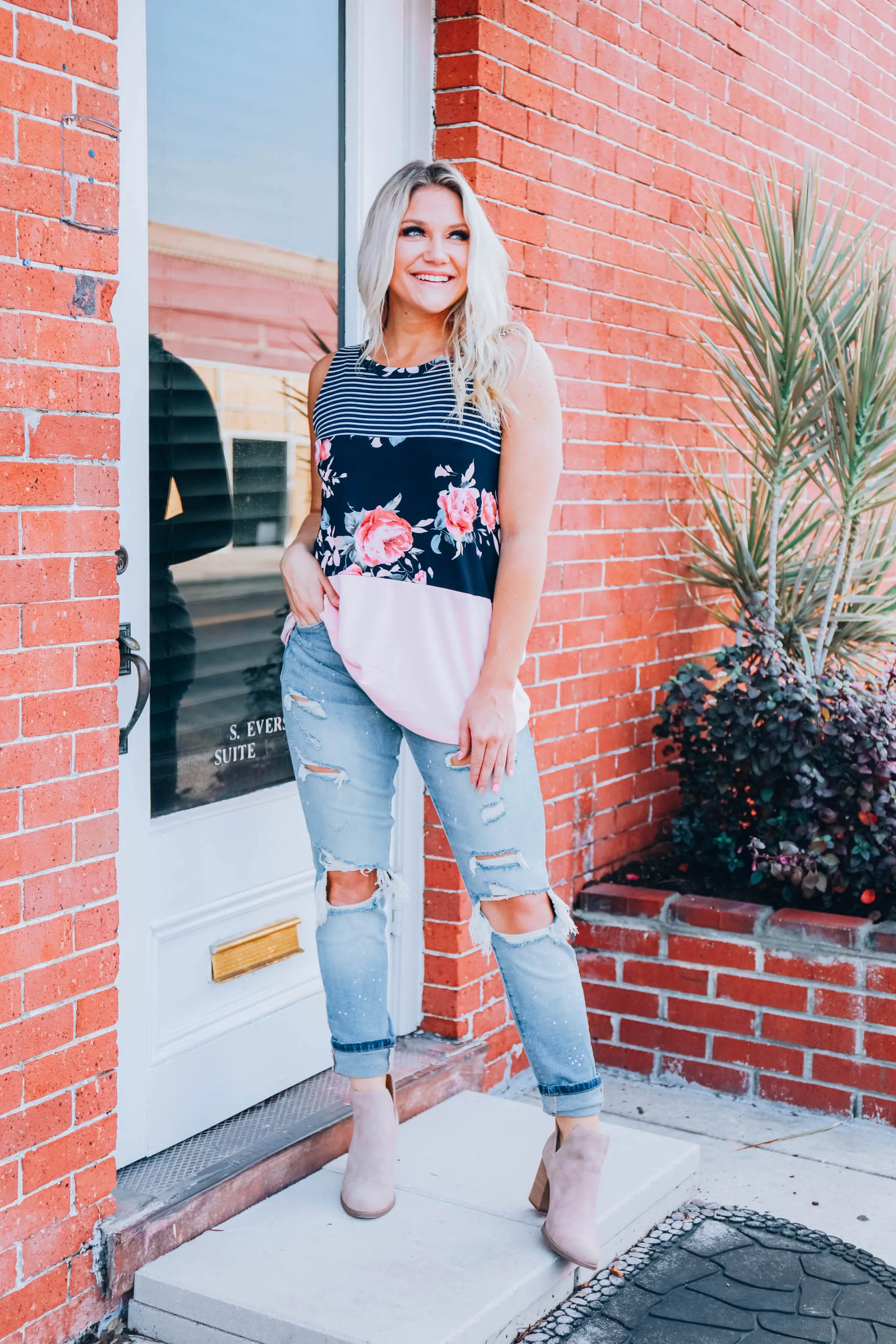Floral Stripe Color Block Tank