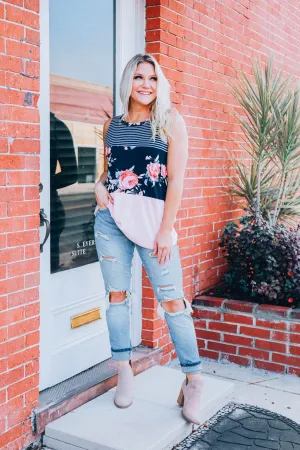 Floral Stripe Color Block Tank