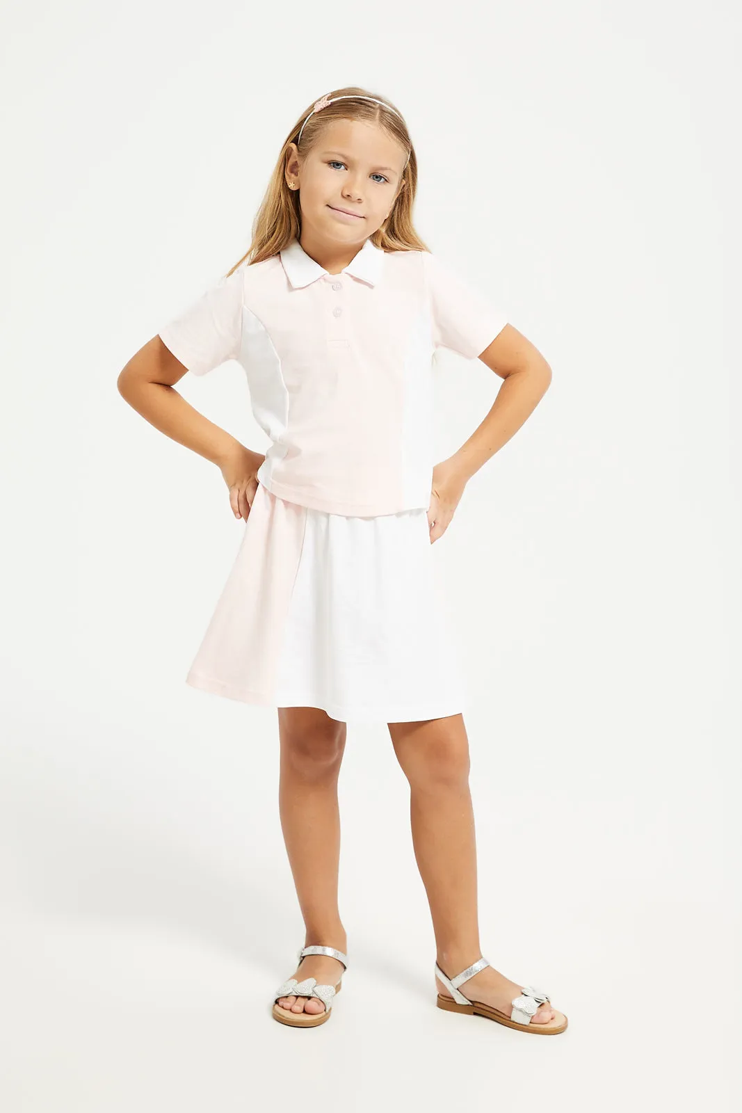 Girls Pink And White Blouse And Skirt Set (2 Piece)