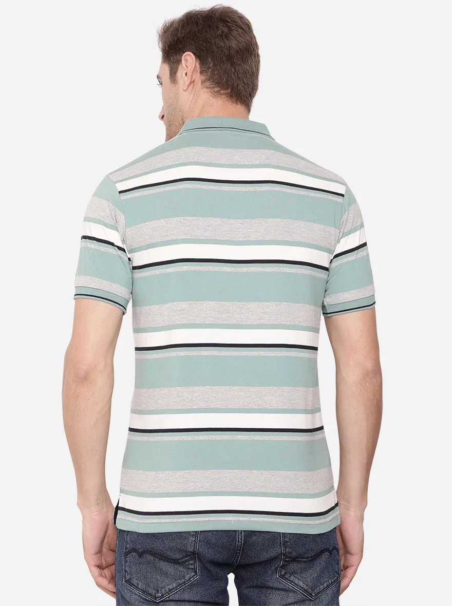 Grey & Green Striped Slim Fit Polo T-Shirt | Greenfibre