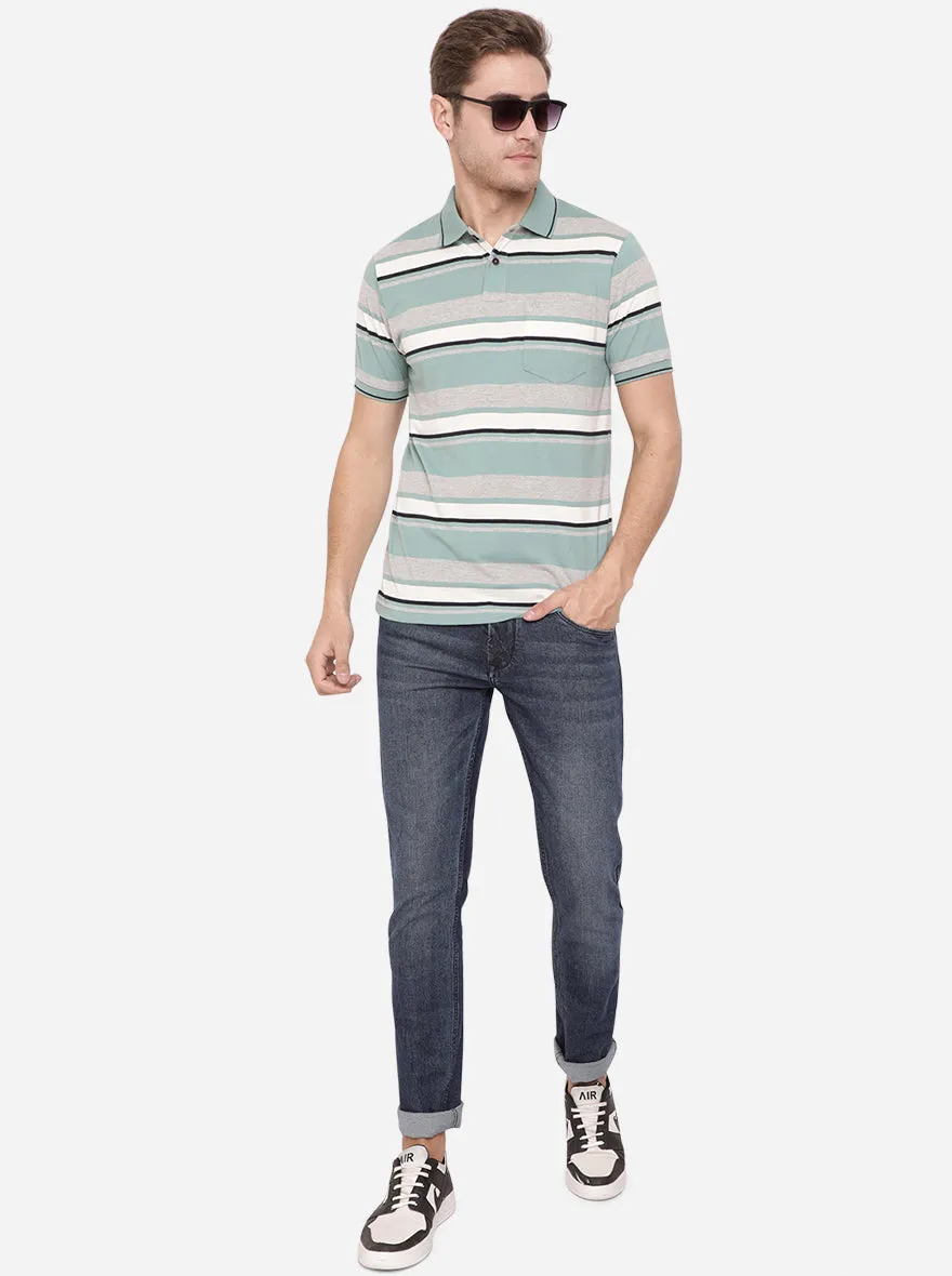 Grey & Green Striped Slim Fit Polo T-Shirt | Greenfibre